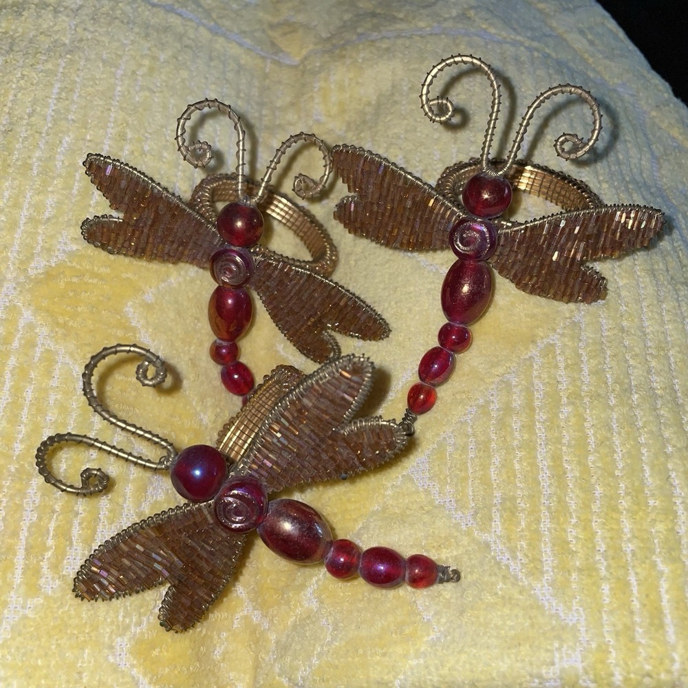 3 Pier One Beaded Dragonfly Napkin Rings  Gold Wire Wings‎ & Red Glass Beads